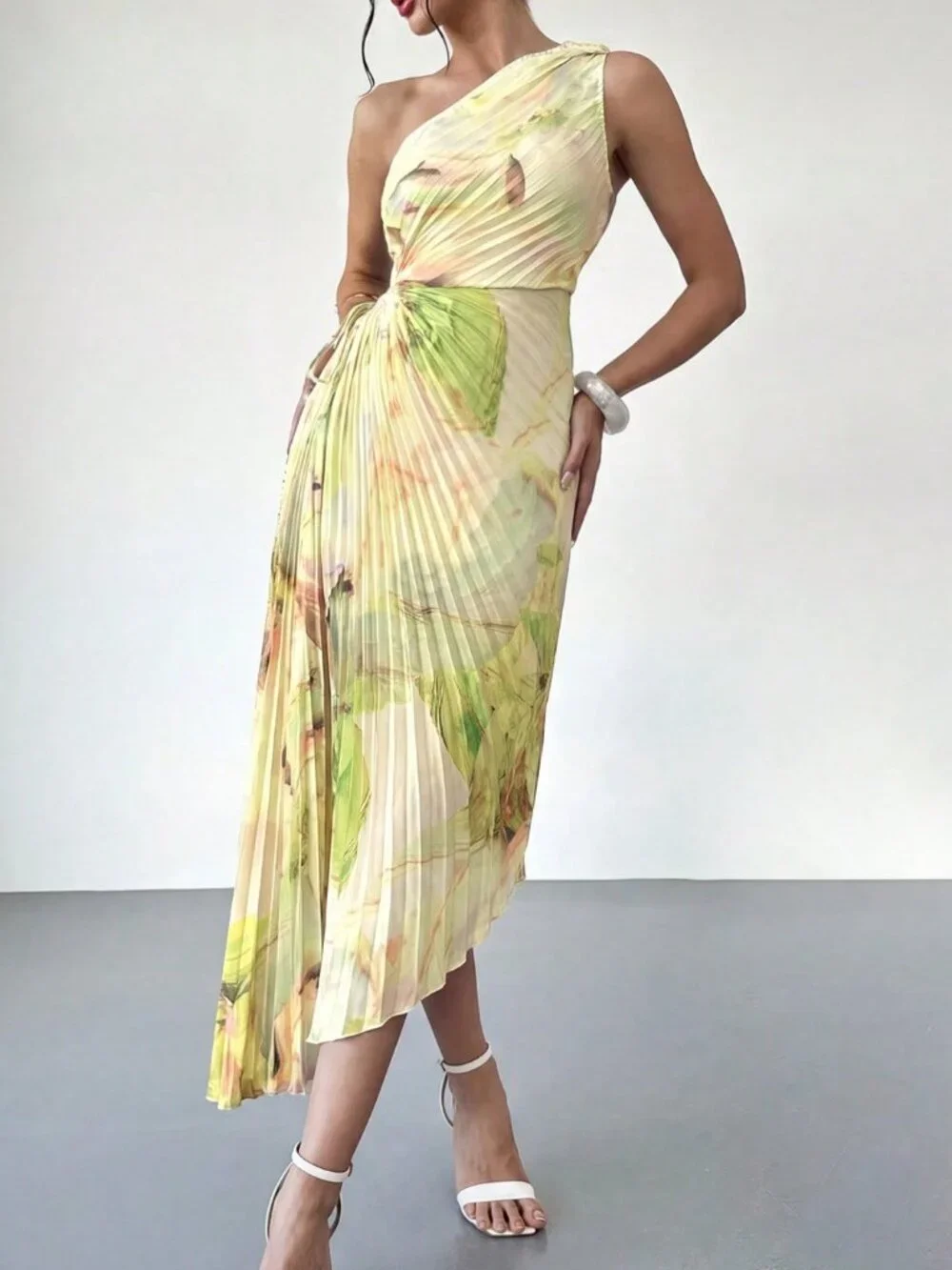 Multicolor Casual Women's Asymmetric One Shoulder Print Ruffle Dress - Picture 3 of 6